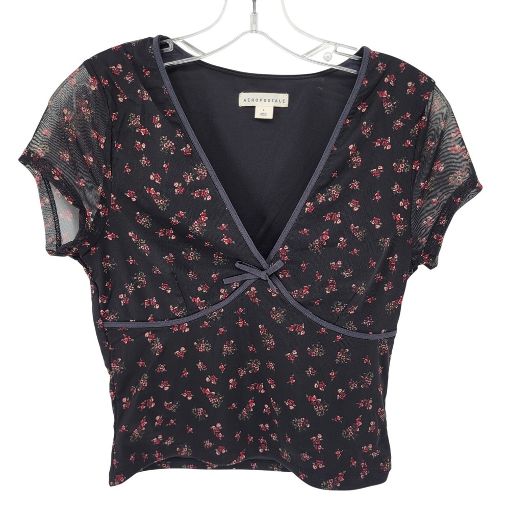 NEW Aeropostale Womens Large Floral Mesh Babydoll V-Neck Short Sleeve Top Black